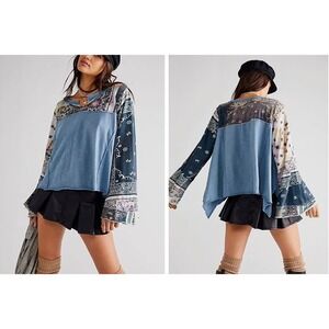 We The Free People L Traiblazer Tee Blue Boho Patchwork Oversize‎ Tunic Crop Top